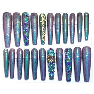 Custom Press On Nails 2XLong Coffin Shape Purple to Green Zodiac AQUARIU…